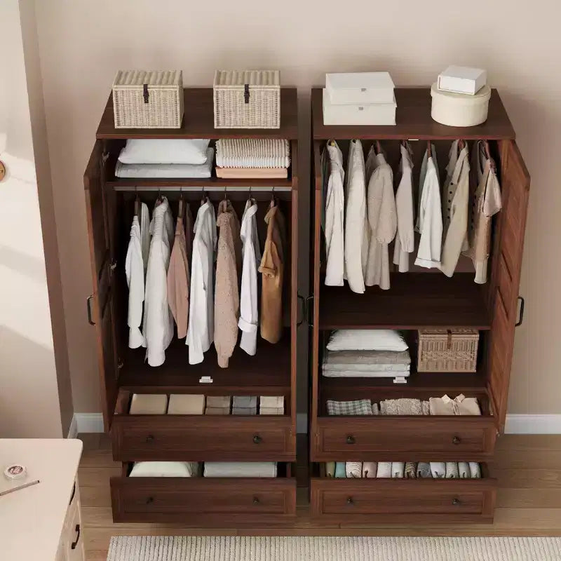 Armoire de rangement en bois de 183 cm avec 2 tiroirs, tringle à vêtements, 18 étagères réglables et portes pour chambre à coucher, grande armoire à vêtements