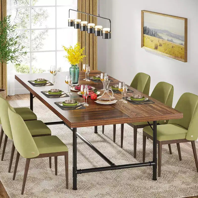 Table à manger rectangulaire Lantine de 180 cm avec plateau en bois et pieds en métal, peut accueillir 6 à 8 personnes, idéale pour la cuisine et le salon.