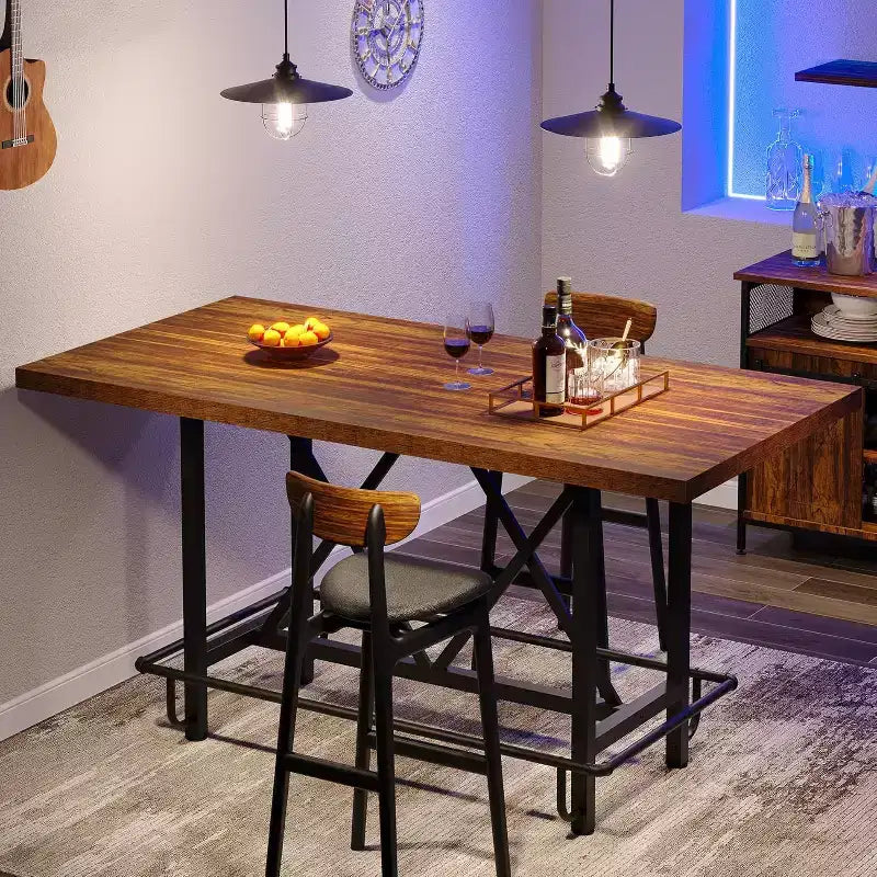 Table de bar Lantine 63 pouces, Table de pub industrielle hauteur comptoir avec repose-pieds en métal pour salle à manger, bar à domicile, marron