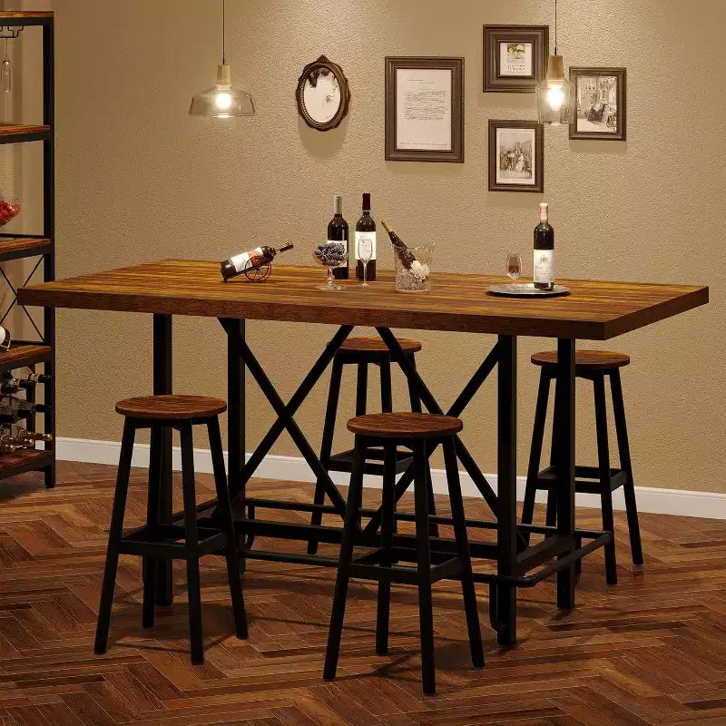 Table de bar Lantine 63 pouces, Table de pub industrielle hauteur comptoir avec repose-pieds en métal pour salle à manger, bar à domicile, marron