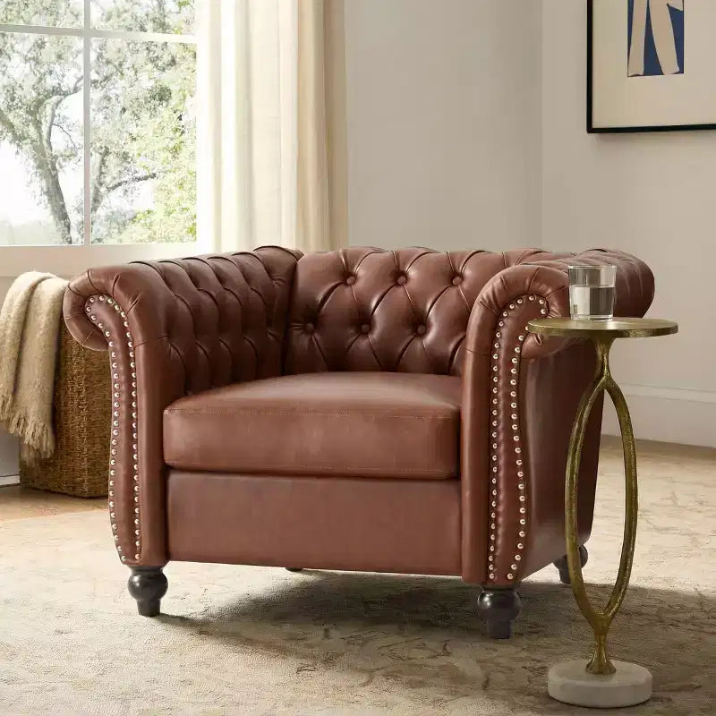 Vintage Chesterfield Accent Chair with PU Upholstery and Scrolled Arms, Solid Wood Legs, Single Seat Sofa for Living Room or Office-Panipeachy