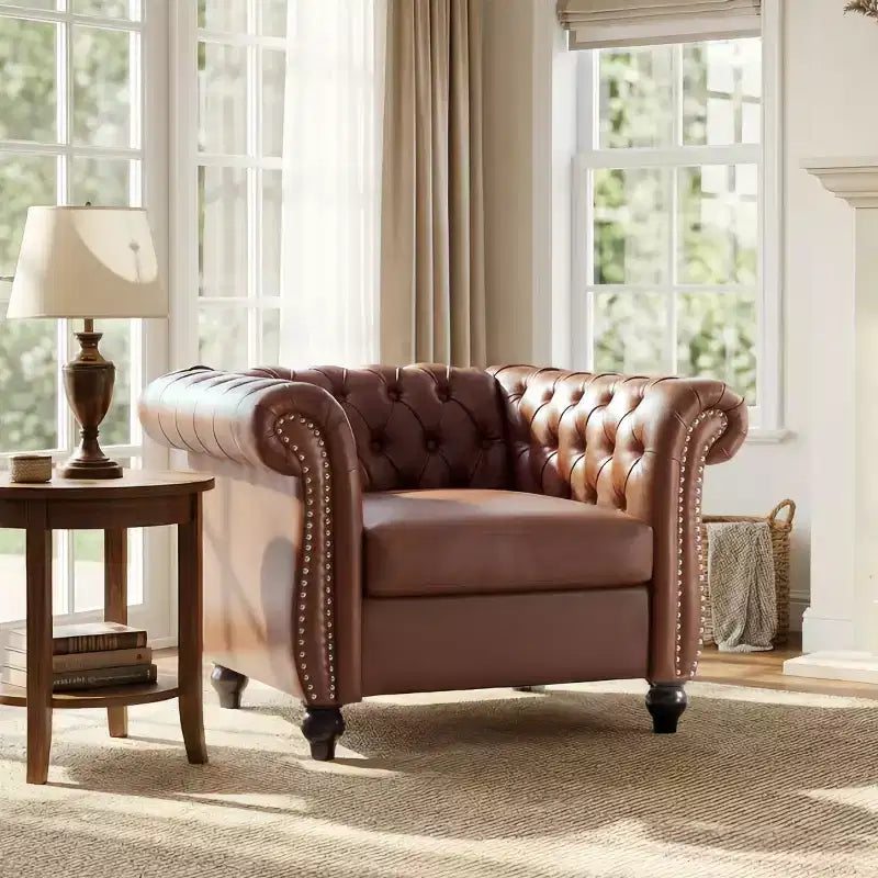Fauteuil d'appoint Chesterfield vintage avec revêtement en PU et accoudoirs volutes, pieds en bois massif, canapé une place pour salon ou bureau - Panipeachy