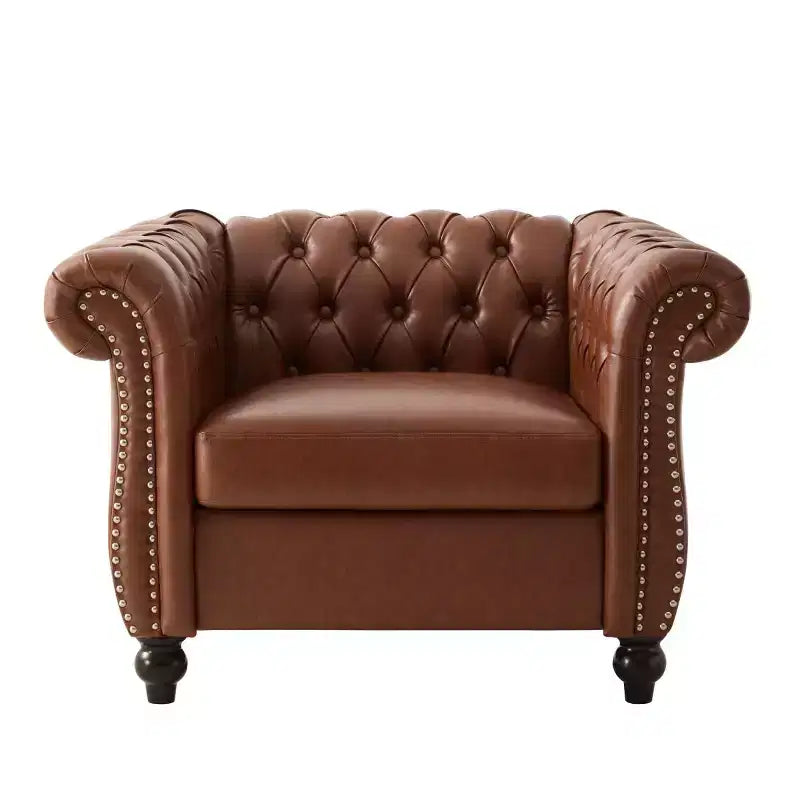 Fauteuil d'appoint Chesterfield vintage avec revêtement en PU et accoudoirs volutes, pieds en bois massif, canapé une place pour salon ou bureau - Panipeachy