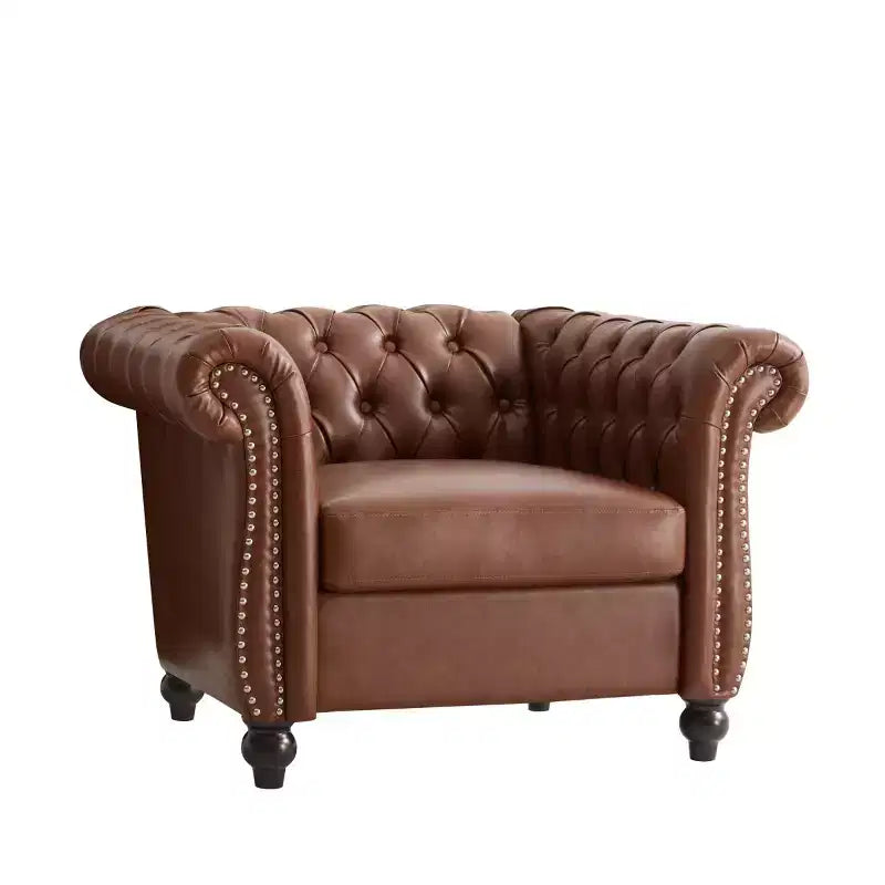 Fauteuil d'appoint Chesterfield vintage avec revêtement en PU et accoudoirs volutes, pieds en bois massif, canapé une place pour salon ou bureau - Panipeachy