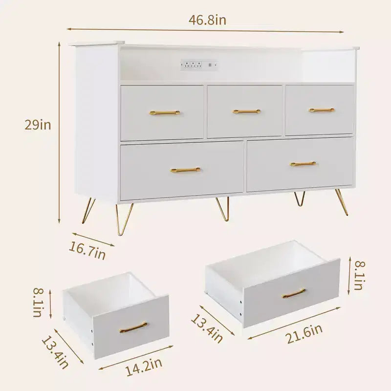 Commode moderne pour chambre à coucher, commode de rangement en bois avec lumières LED et station de charge, commode blanche pour placard, couloir, entrée