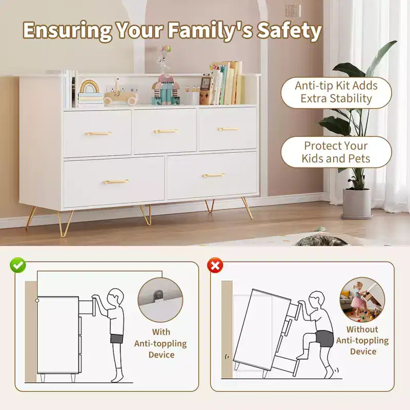 Commode moderne pour chambre à coucher, commode de rangement en bois avec lumières LED et station de charge, commode blanche pour placard, couloir, entrée