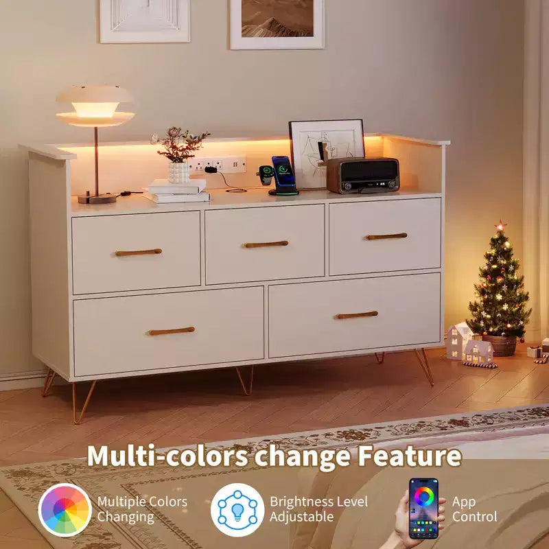 Commode moderne pour chambre à coucher, commode de rangement en bois avec lumières LED et station de charge, commode blanche pour placard, couloir, entrée