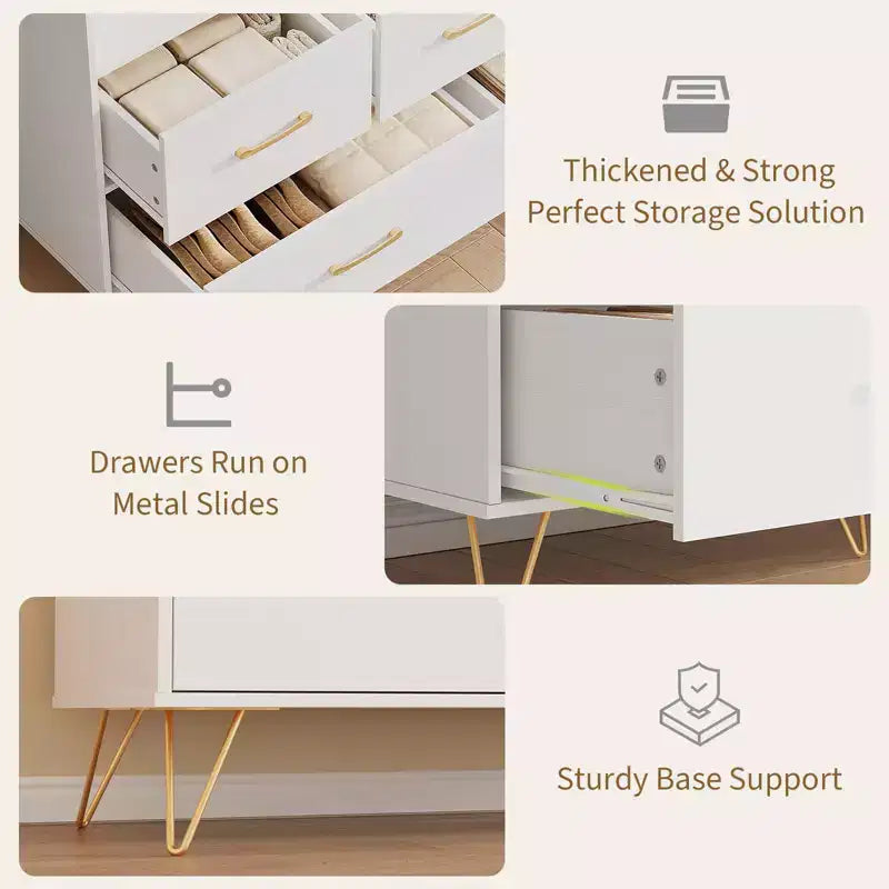 Commode moderne pour chambre à coucher, commode de rangement en bois avec lumières LED et station de charge, commode blanche pour placard, couloir, entrée