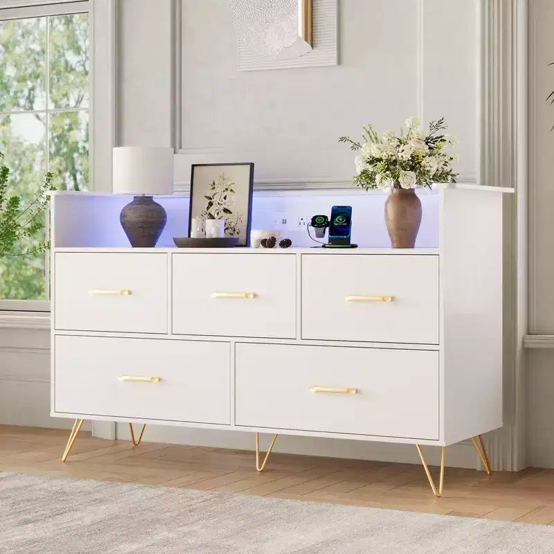 Commode moderne pour chambre à coucher, commode de rangement en bois avec lumières LED et station de charge, commode blanche pour placard, couloir, entrée