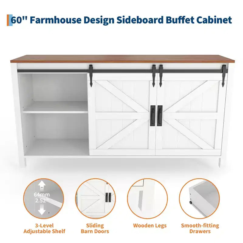 Buffet de ferme 60" avec portes coulissantes et 4 tiroirs, Meuble TV, Table console, Meuble de cuisine avec rangement