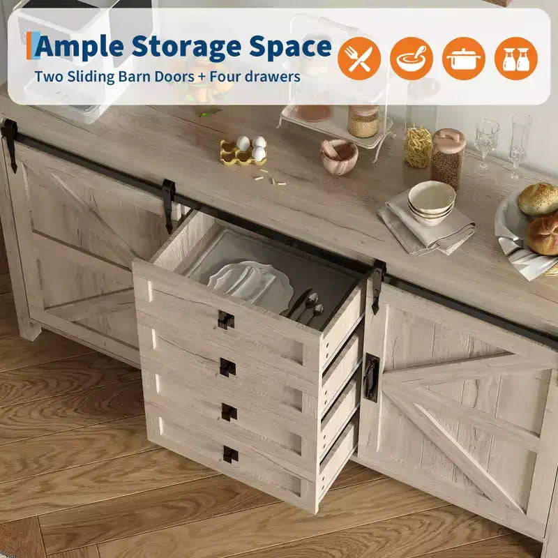 Buffet de ferme 60" avec portes coulissantes et 4 tiroirs, Meuble TV, Table console, Meuble de cuisine avec rangement