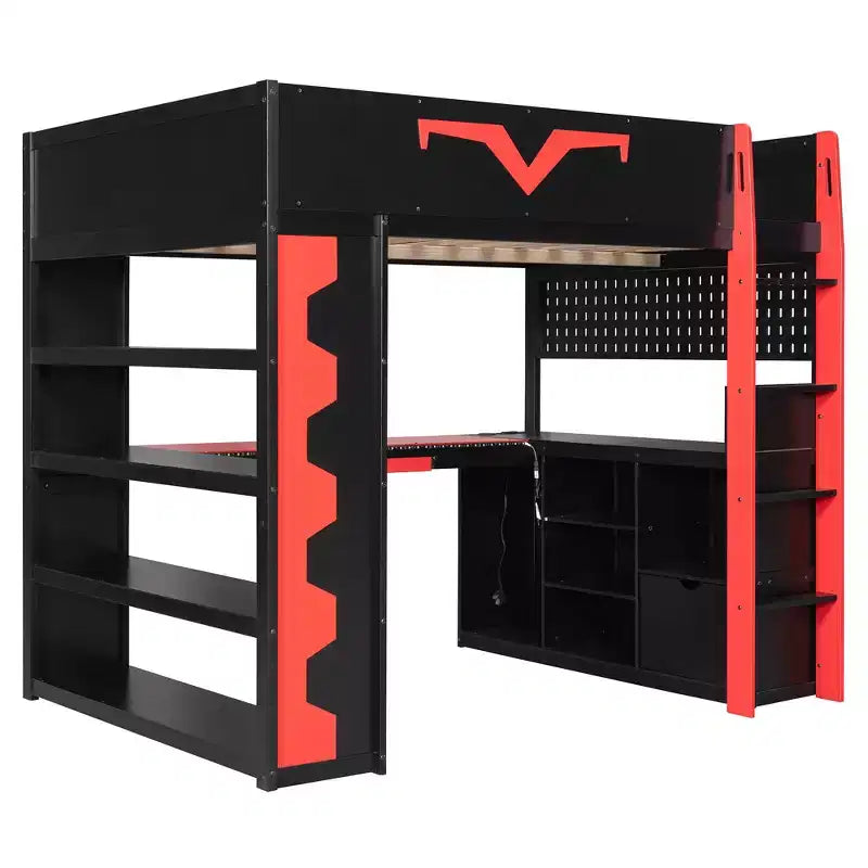 Lit mezzanine complet moderne de jeu Luxystar avec bureau éclairé et tablette coulissante pour clavier, panneau perforé, bibliothèque de rangement