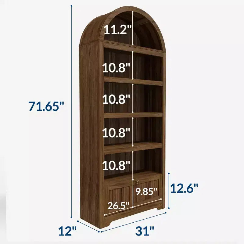 Bibliothèque de ferme arquée à 6 niveaux avec étagères ouvertes et tiroirs, armoire en bois autonome de 182 cm de haut pour salon, chambre à coucher, bureau à domicile