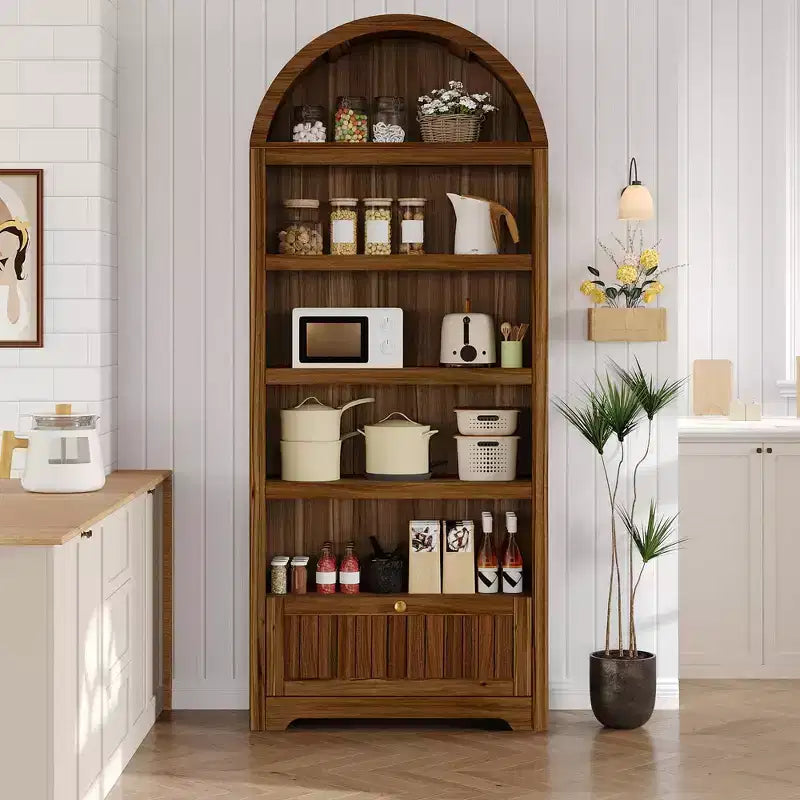 Bibliothèque de ferme arquée à 6 niveaux avec étagères ouvertes et tiroirs, armoire en bois autonome de 182 cm de haut pour salon, chambre à coucher, bureau à domicile