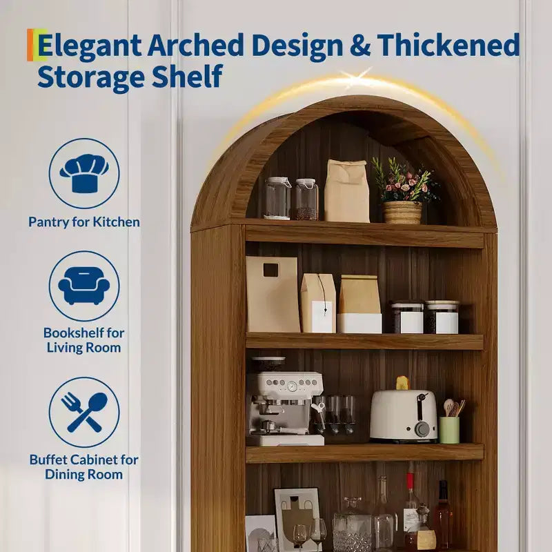 Bibliothèque de ferme arquée à 6 niveaux avec étagères ouvertes et tiroirs, armoire en bois autonome de 182 cm de haut pour salon, chambre à coucher, bureau à domicile