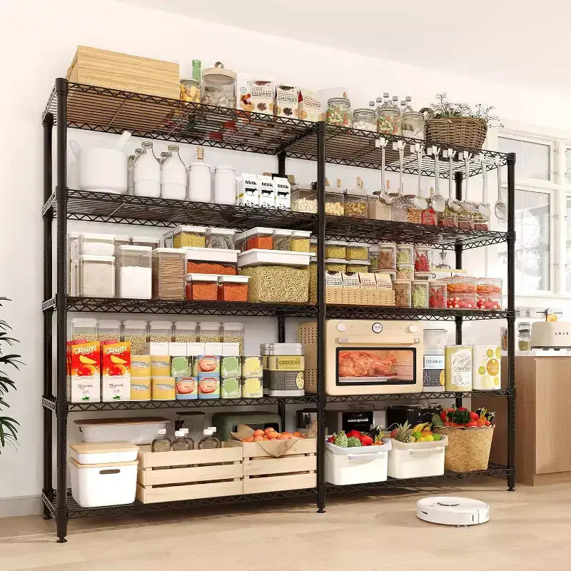 Étagère de Rangement 5 Niveaux 70 L Robuste en Fil Métallique, Étagères de Garde-Manger en Forme de L pour Cuisine & Garage Étagère Métallique Industrielle pour la Maison
