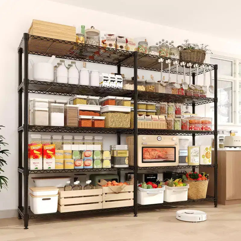 Étagère de Rangement 5 Niveaux 70 L Robuste en Fil Métallique, Étagères de Garde-Manger en Forme de L pour Cuisine & Garage Étagère Métallique Industrielle pour la Maison
