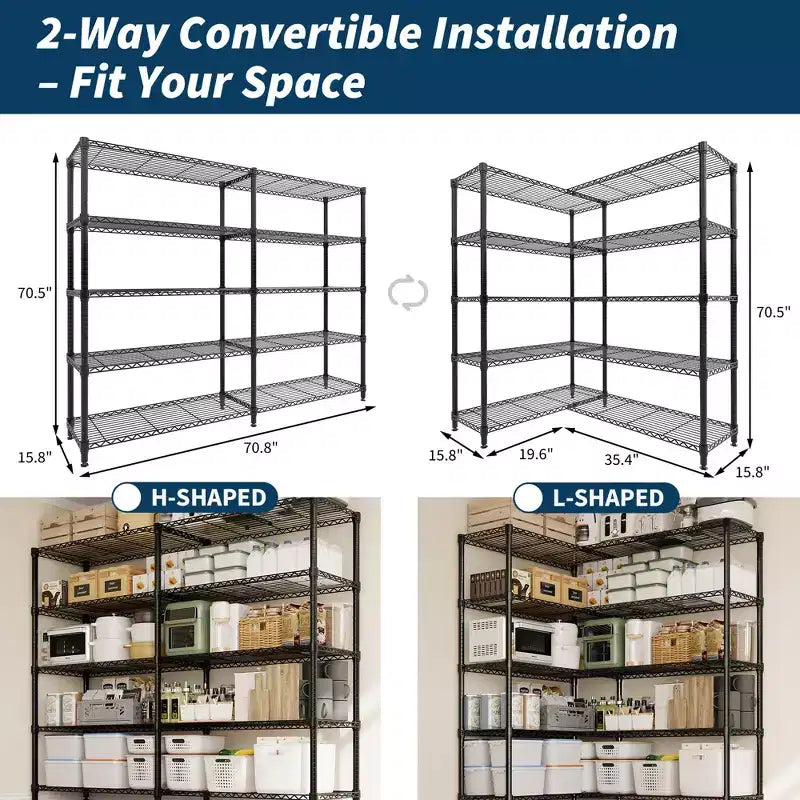 Étagère de Rangement 5 Niveaux 70 L Robuste en Fil Métallique, Étagères de Garde-Manger en Forme de L pour Cuisine & Garage Étagère Métallique Industrielle pour la Maison