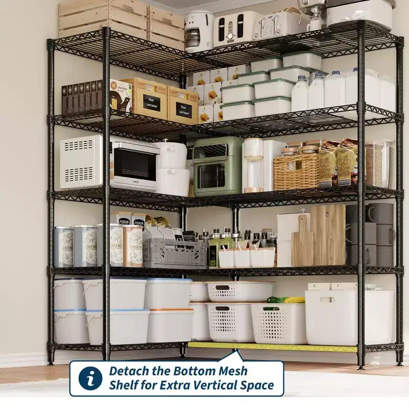 Étagère de Rangement 5 Niveaux 70 L Robuste en Fil Métallique, Étagères de Garde-Manger en Forme de L pour Cuisine & Garage Étagère Métallique Industrielle pour la Maison