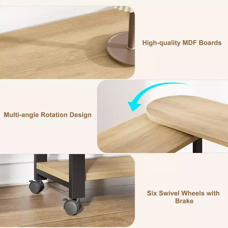 Table d'appoint de canapé rotative à 360°, Table de bout mobile à 2 niveaux, Pochette de rangement supplémentaire, 6 roulettes pivotantes verrouillables, Table de canapé polyvalente