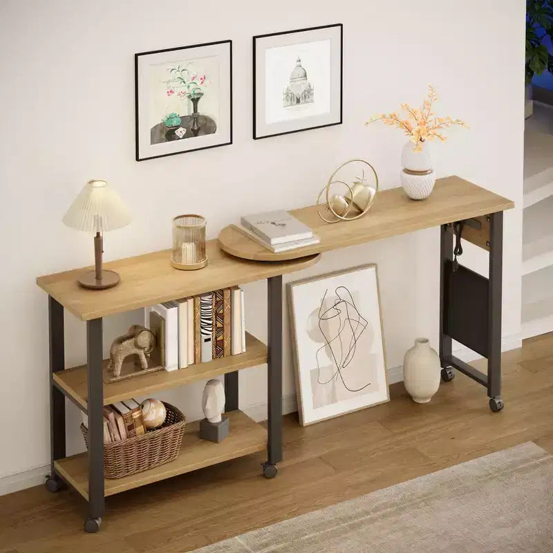 Table d'appoint de canapé rotative à 360°, Table de bout mobile à 2 niveaux, Pochette de rangement supplémentaire, 6 roulettes pivotantes verrouillables, Table de canapé polyvalente