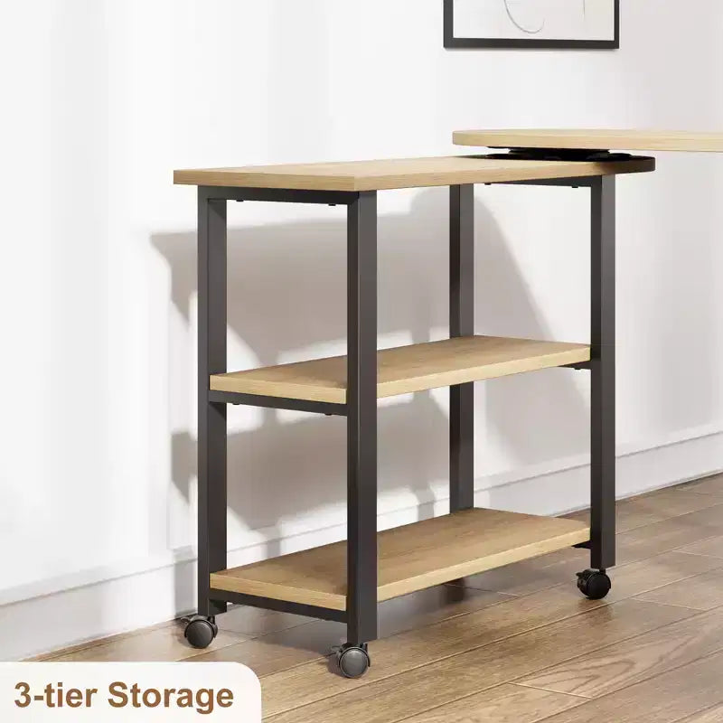 Table d'appoint de canapé rotative à 360°, Table de bout mobile à 2 niveaux, Pochette de rangement supplémentaire, 6 roulettes pivotantes verrouillables, Table de canapé polyvalente