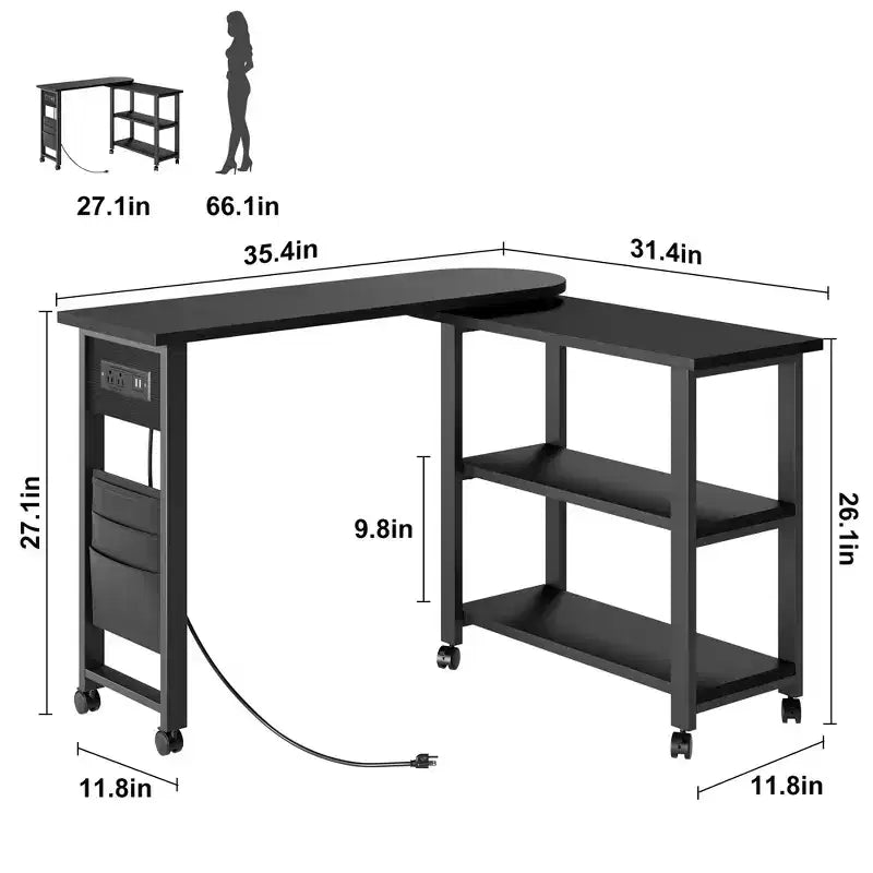 Table d'appoint de canapé rotative à 360°, Table de bout mobile à 2 niveaux, Pochette de rangement supplémentaire, 6 roulettes pivotantes verrouillables, Table de canapé polyvalente