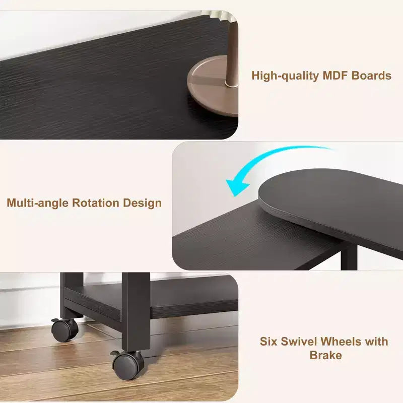 Table d'appoint de canapé rotative à 360°, Table de bout mobile à 2 niveaux, Pochette de rangement supplémentaire, 6 roulettes pivotantes verrouillables, Table de canapé polyvalente