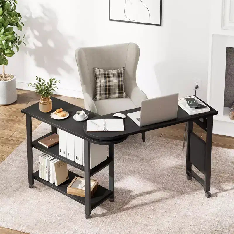 Table d'appoint de canapé rotative à 360°, Table de bout mobile à 2 niveaux, Pochette de rangement supplémentaire, 6 roulettes pivotantes verrouillables, Table de canapé polyvalente