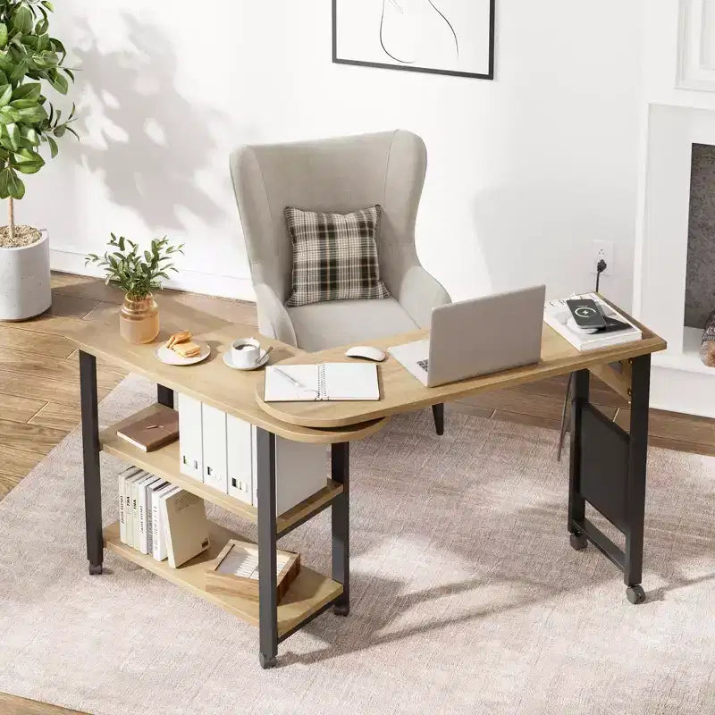 Table d'appoint de canapé rotative à 360°, Table de bout mobile à 2 niveaux, Pochette de rangement supplémentaire, 6 roulettes pivotantes verrouillables, Table de canapé polyvalente
