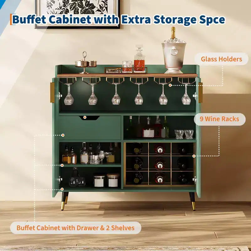 Cave à Vin, Meuble Bar à Vin avec Portes Cannelées, Petit Buffet Moderne avec Casier à Vin et Porte-Verres