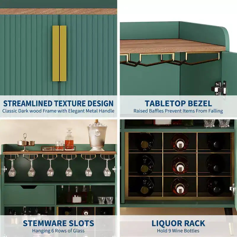 Cave à Vin, Meuble Bar à Vin avec Portes Cannelées, Petit Buffet Moderne avec Casier à Vin et Porte-Verres