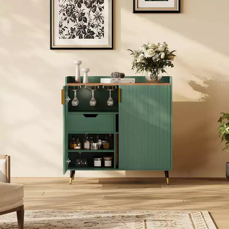 Cave à Vin, Meuble Bar à Vin avec Portes Cannelées, Petit Buffet Moderne avec Casier à Vin et Porte-Verres