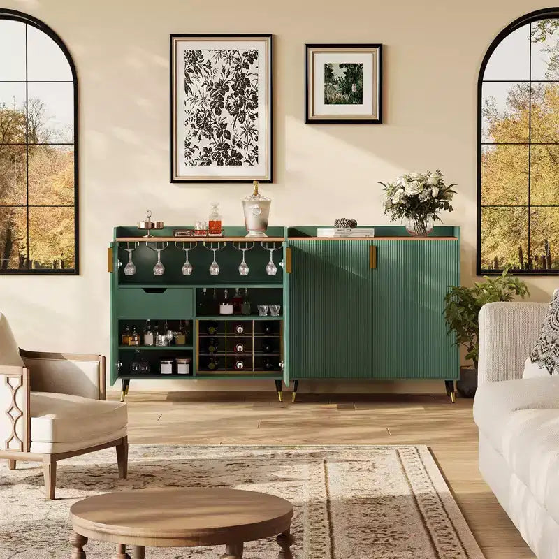 Cave à Vin, Meuble Bar à Vin avec Portes Cannelées, Petit Buffet Moderne avec Casier à Vin et Porte-Verres