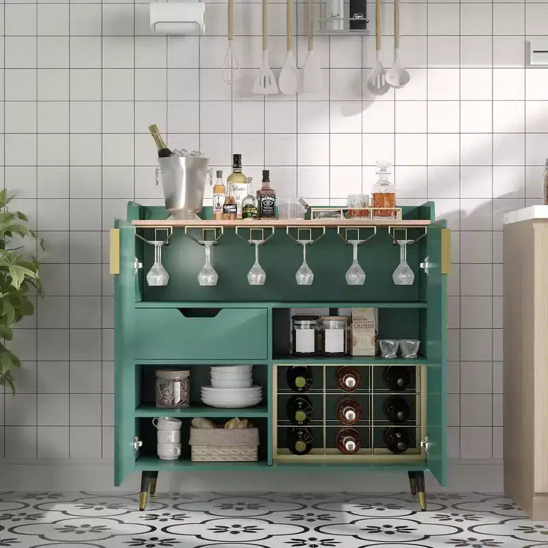Cave à Vin, Meuble Bar à Vin avec Portes Cannelées, Petit Buffet Moderne avec Casier à Vin et Porte-Verres