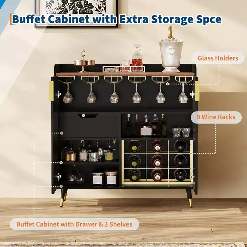 Cave à Vin, Meuble Bar à Vin avec Portes Cannelées, Petit Buffet Moderne avec Casier à Vin et Porte-Verres