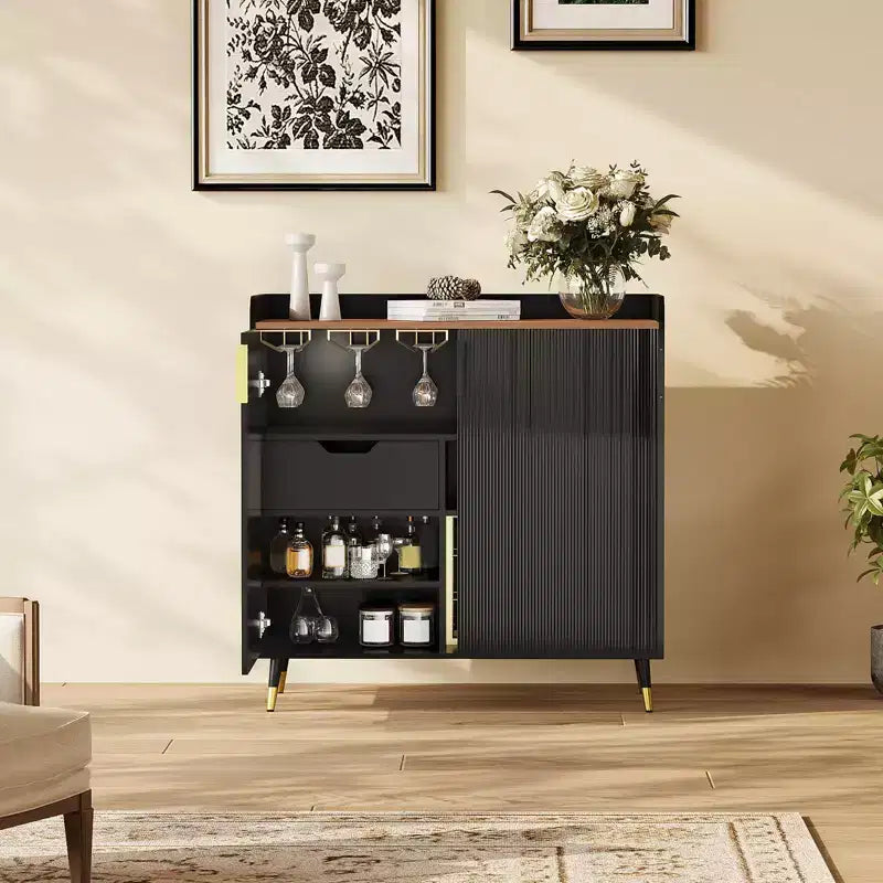 Cave à Vin, Meuble Bar à Vin avec Portes Cannelées, Petit Buffet Moderne avec Casier à Vin et Porte-Verres