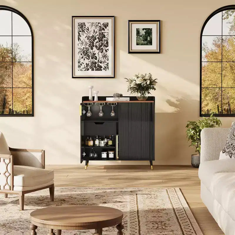 Cave à Vin, Meuble Bar à Vin avec Portes Cannelées, Petit Buffet Moderne avec Casier à Vin et Porte-Verres