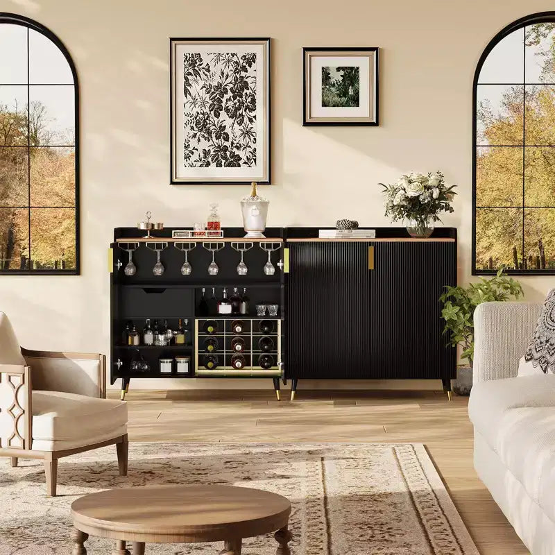 Cave à Vin, Meuble Bar à Vin avec Portes Cannelées, Petit Buffet Moderne avec Casier à Vin et Porte-Verres