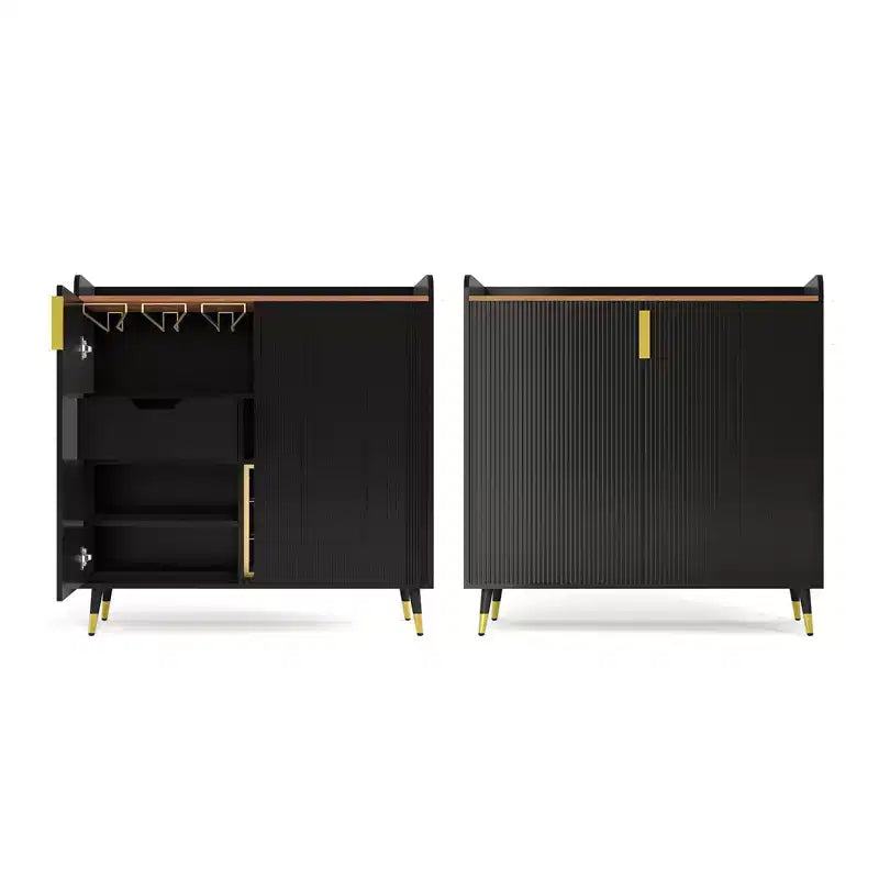 Cave à Vin, Meuble Bar à Vin avec Portes Cannelées, Petit Buffet Moderne avec Casier à Vin et Porte-Verres