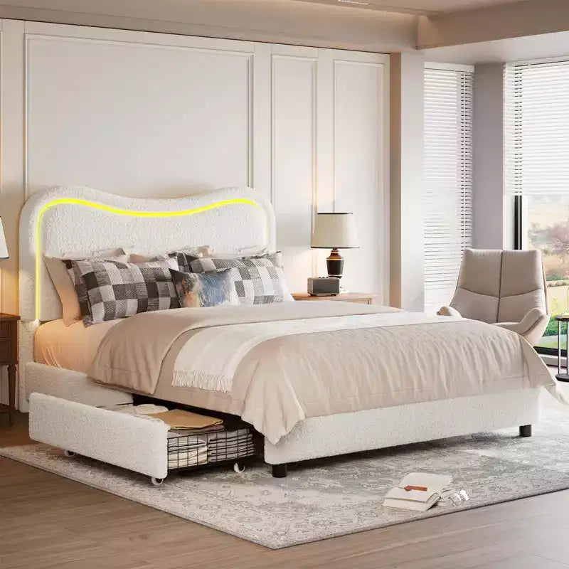 Coolmee Queen Bed Frame with 2 Drawers and Headboard, Cute Upholstered Bed with Storage, Sturdy Platform Bed, No Box Spring Needed, Wooden Slats