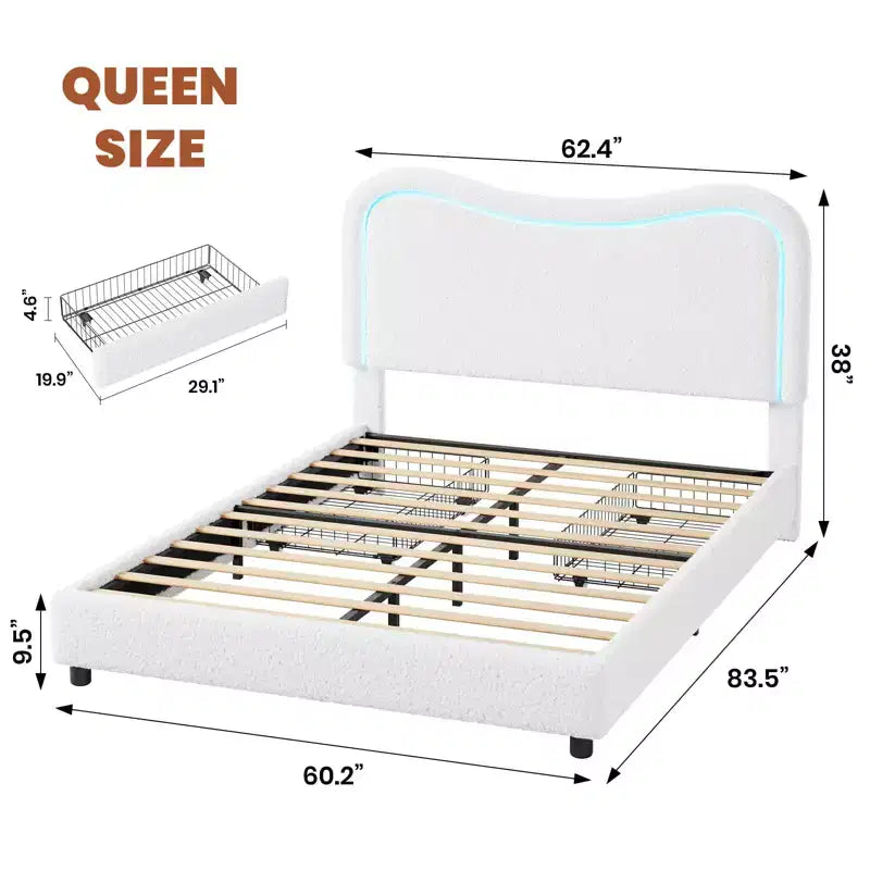 Lit double Coolmee Queen avec 2 tiroirs et tête de lit, lit rembourré mignon avec rangement, lit plateforme robuste, pas besoin de sommier tapissier, lattes en bois