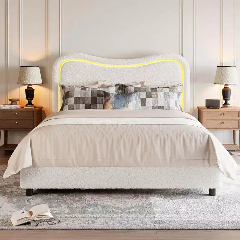 Lit double Coolmee Queen avec 2 tiroirs et tête de lit, lit rembourré mignon avec rangement, lit plateforme robuste, pas besoin de sommier tapissier, lattes en bois