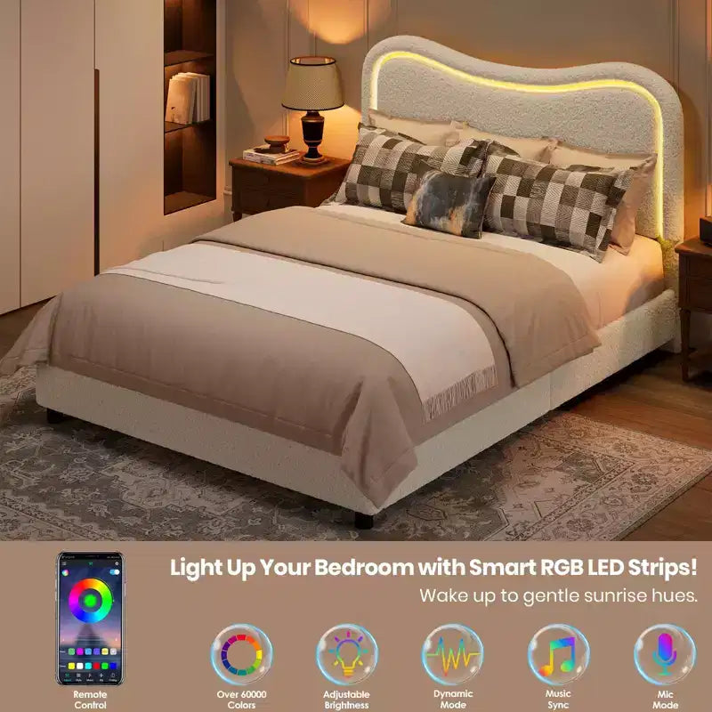 Lit double Coolmee Queen avec 2 tiroirs et tête de lit, lit rembourré mignon avec rangement, lit plateforme robuste, pas besoin de sommier tapissier, lattes en bois