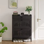 Shoe Storage Cabinet with 2 Flip Drawer, Shoes Organizer with with Top DrawerHollow Out Panel & Black Square Handles, Adjustable Shoe Rack