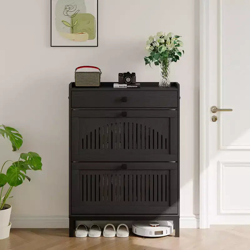 Shoe Storage Cabinet with 2 Flip Drawer, Shoes Organizer with with Top DrawerHollow Out Panel & Black Square Handles, Adjustable Shoe Rack
