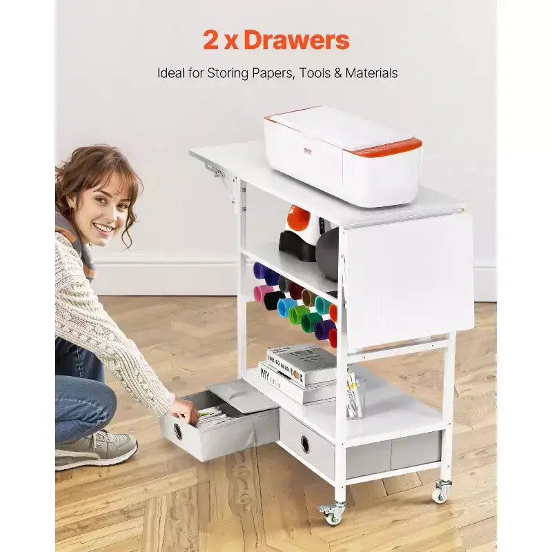 VIYET Chariot d'artisanat roulant et table de rangement, compatible Cricut, côtés pliables, 14 porte-rouleaux de vinyle et 2 tiroirs