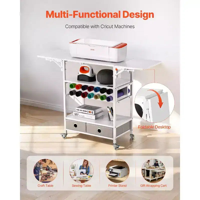 VIYET Chariot d'artisanat roulant et table de rangement, compatible Cricut, côtés pliables, 14 porte-rouleaux de vinyle et 2 tiroirs