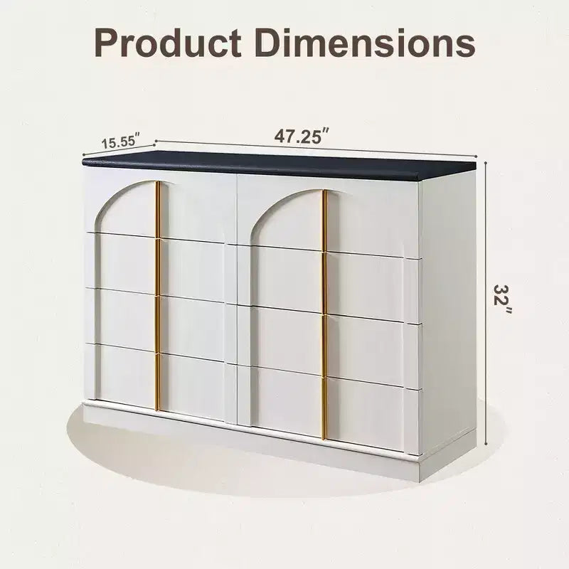 Commode à 8 tiroirs pour chambre à coucher, commode moderne de 120 cm de large avec poignées dorées, commode en bois, meuble TV, organisateur de rangement pour vêtements de placard