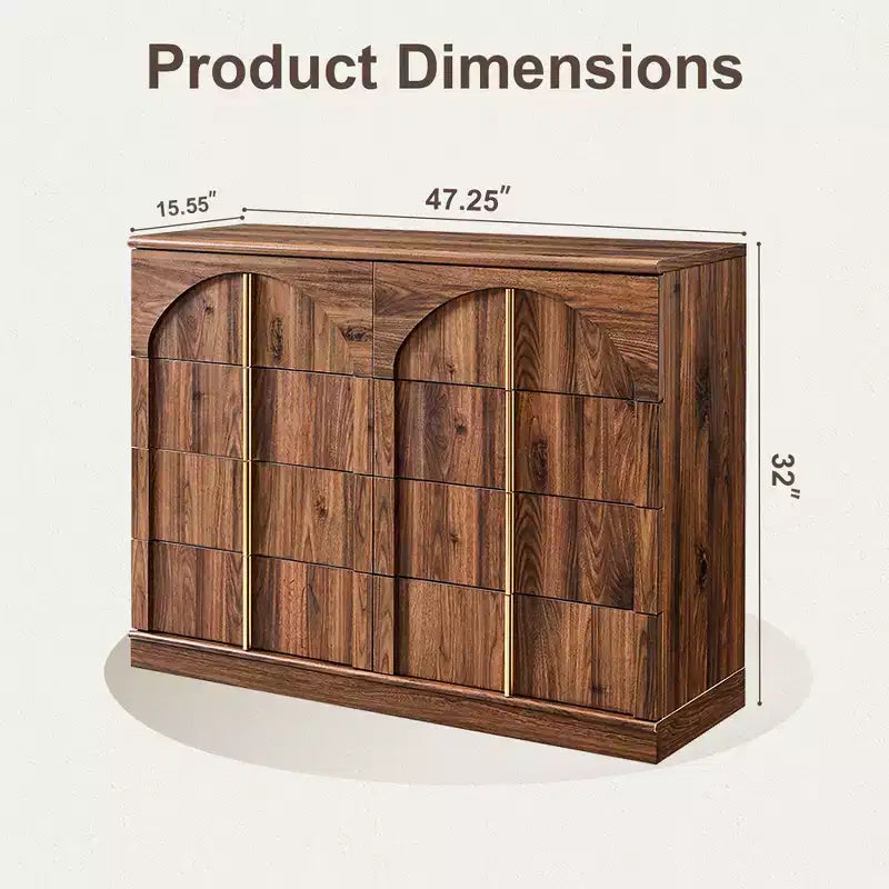 Commode à 8 tiroirs pour chambre à coucher, commode moderne de 120 cm de large avec poignées dorées, commode en bois, meuble TV, organisateur de rangement pour vêtements de placard